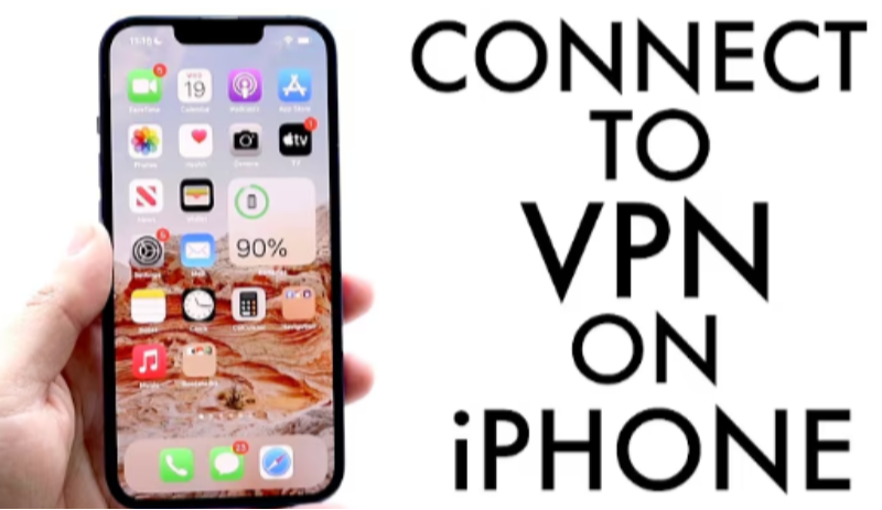 a hand holding an iPhone with words"connect to VPN on iPhone"