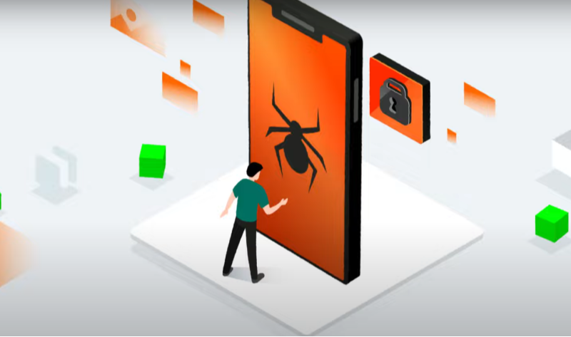 an spider existing on an phone,with a padlock besides