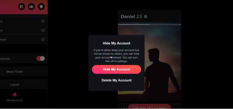 hide or delete your account