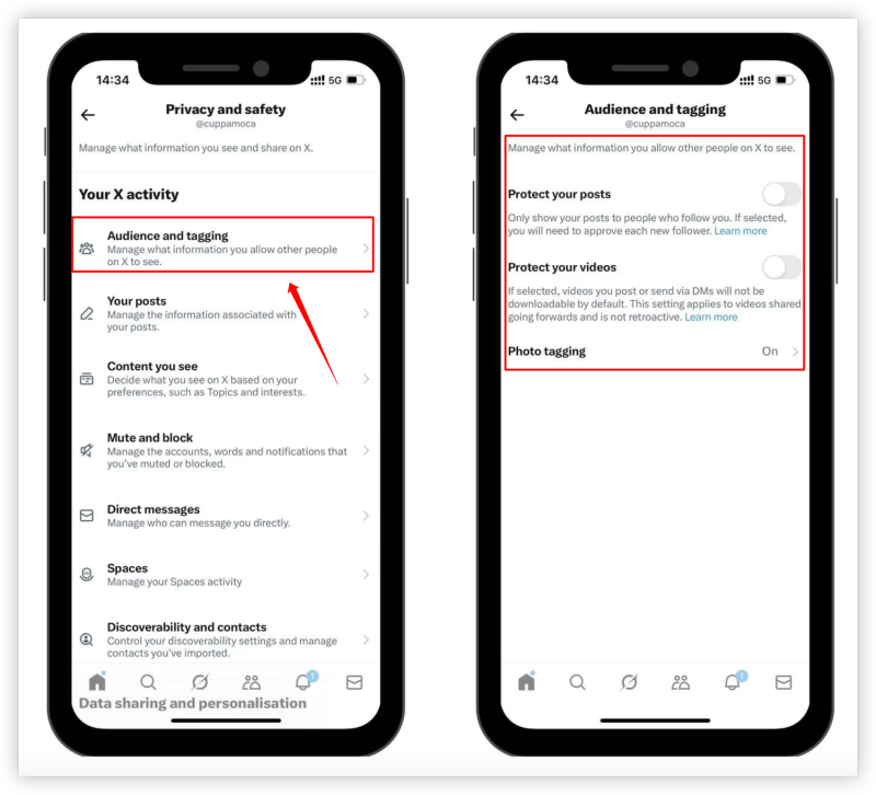 enter audience and tagging and change privacy settings on twitter