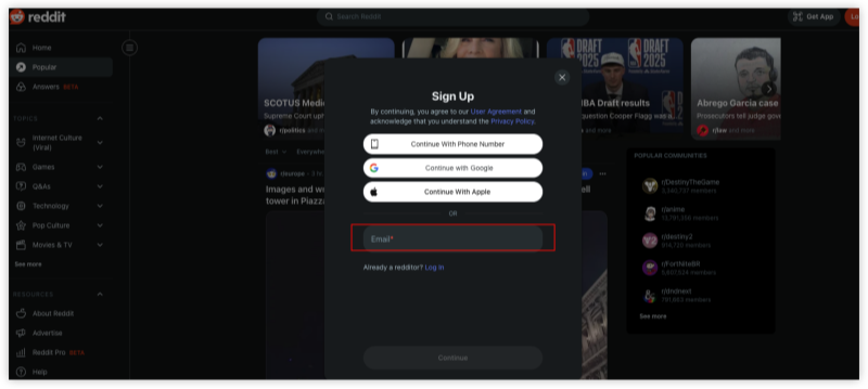 reddit sign up page