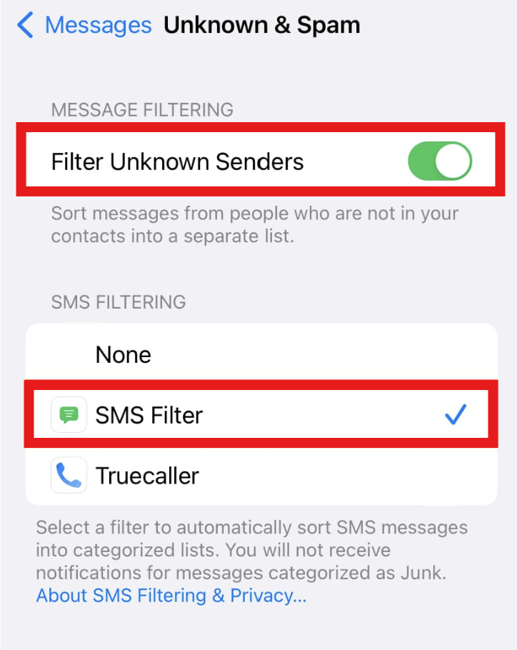Reset message filtering on iPhones