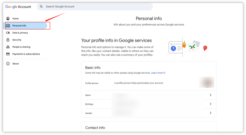 Personal Info in Google account