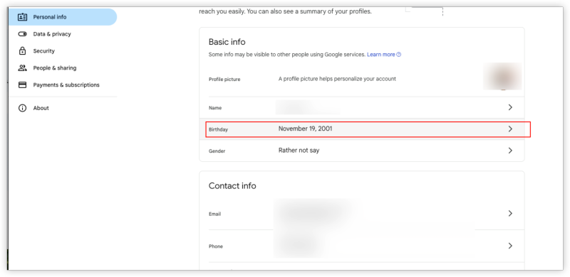 enter Date of Birth in google accounts
