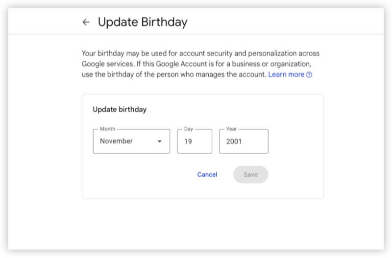 Edit date of birth in google accounts