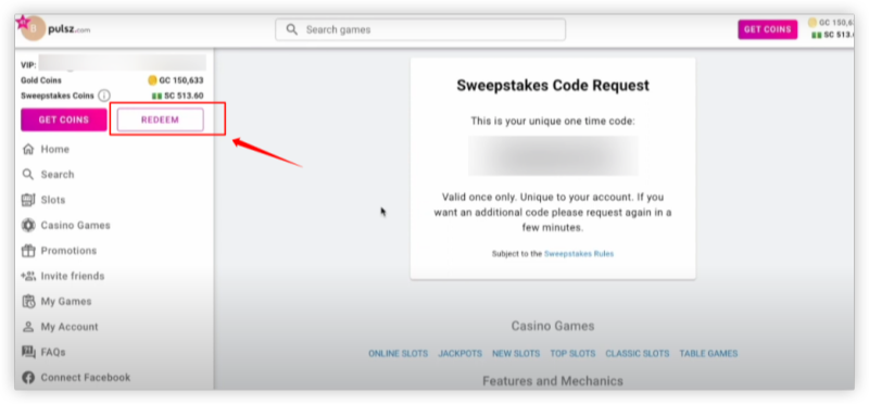 Redeem Code in pulsz