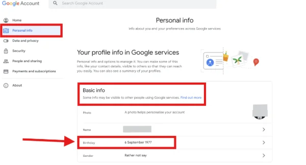 Change birthday to verify age on Google