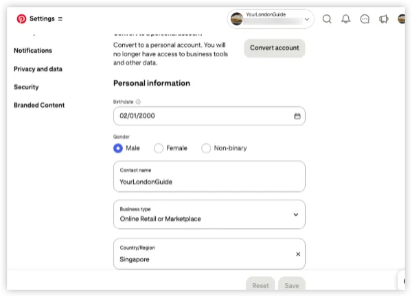 pinterest settings