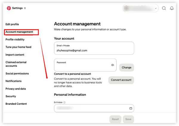 select Settings on pinterest account