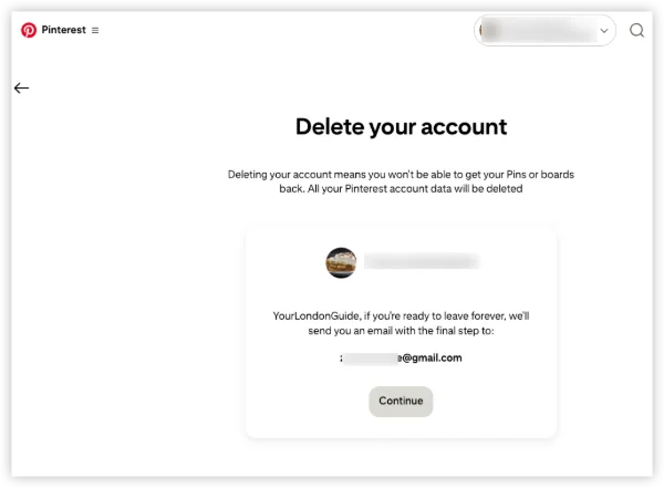 click Continue to finish pinterest account deletion