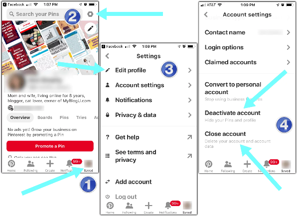 delete pinterest account on iphone