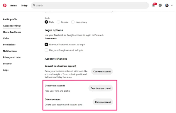 delete pinterest account on web