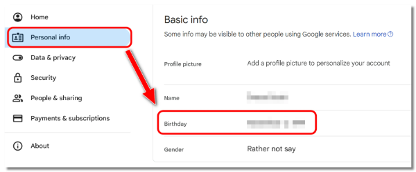 Change birth date of Google Account