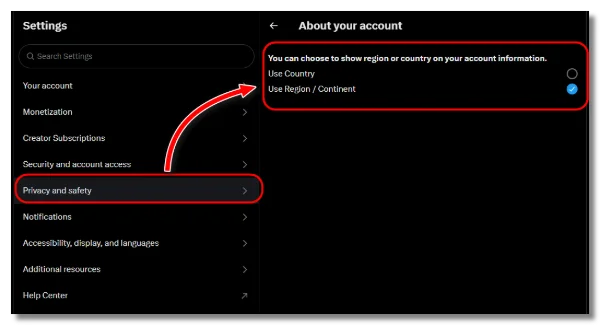 Use Region/Continent to show your account' location information