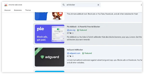 search for Free Browser Ad Blockers on chrome web store