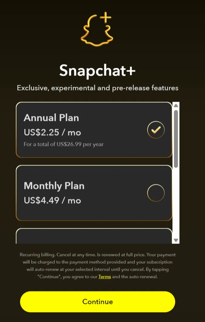 Snapchat plus subscription
