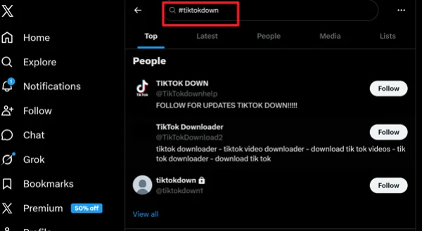 TikTok Down Hashtag