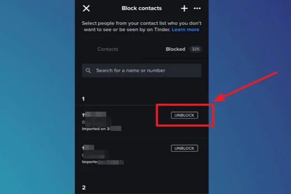 Unblock the blocked contact on Tinder