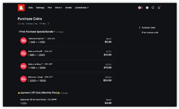 lezhin coin purchase page