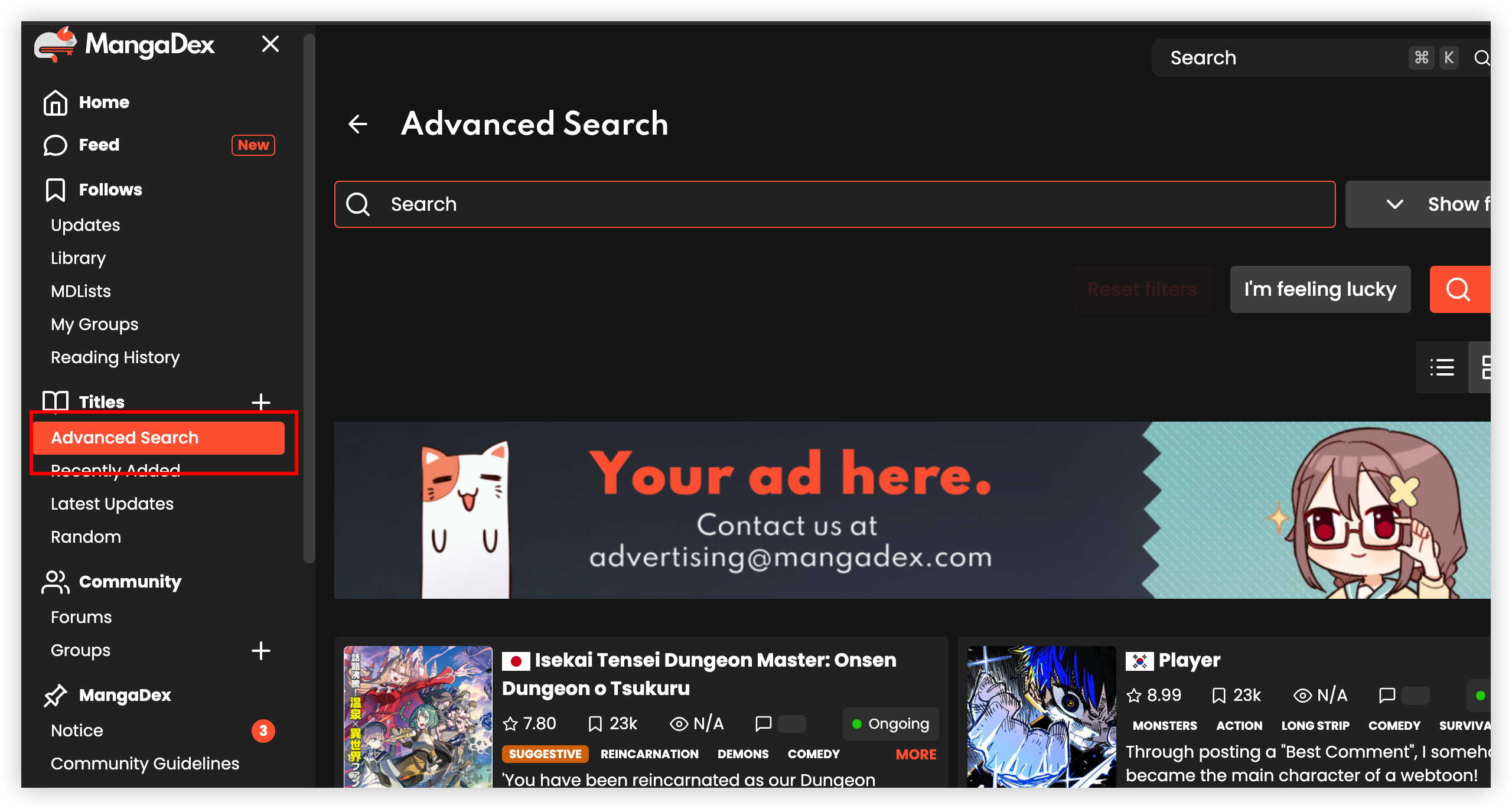 enter advanced search in MangaDex