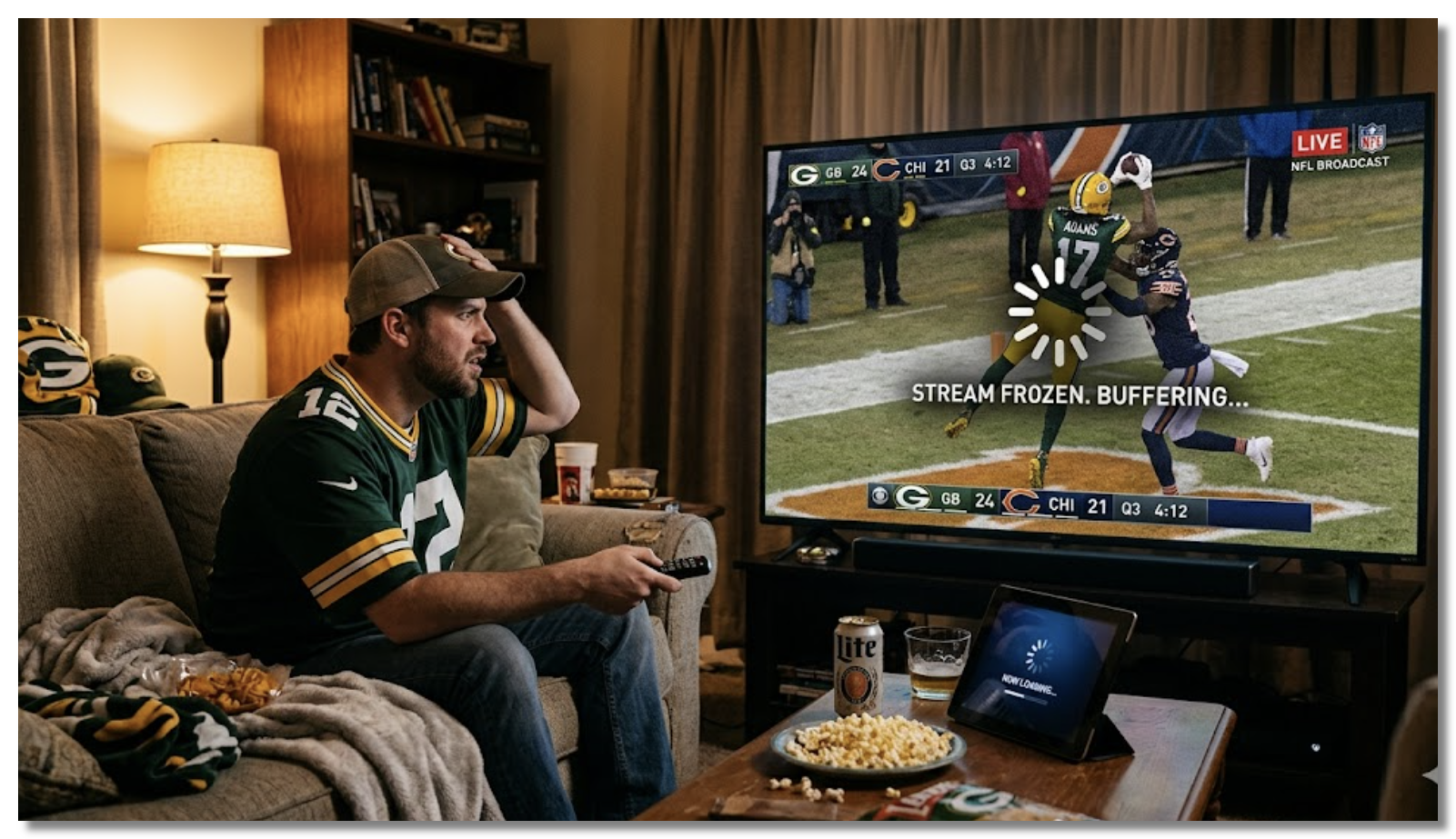 A person is halfway through an NFL game, and the stream freezes right before a touchdown