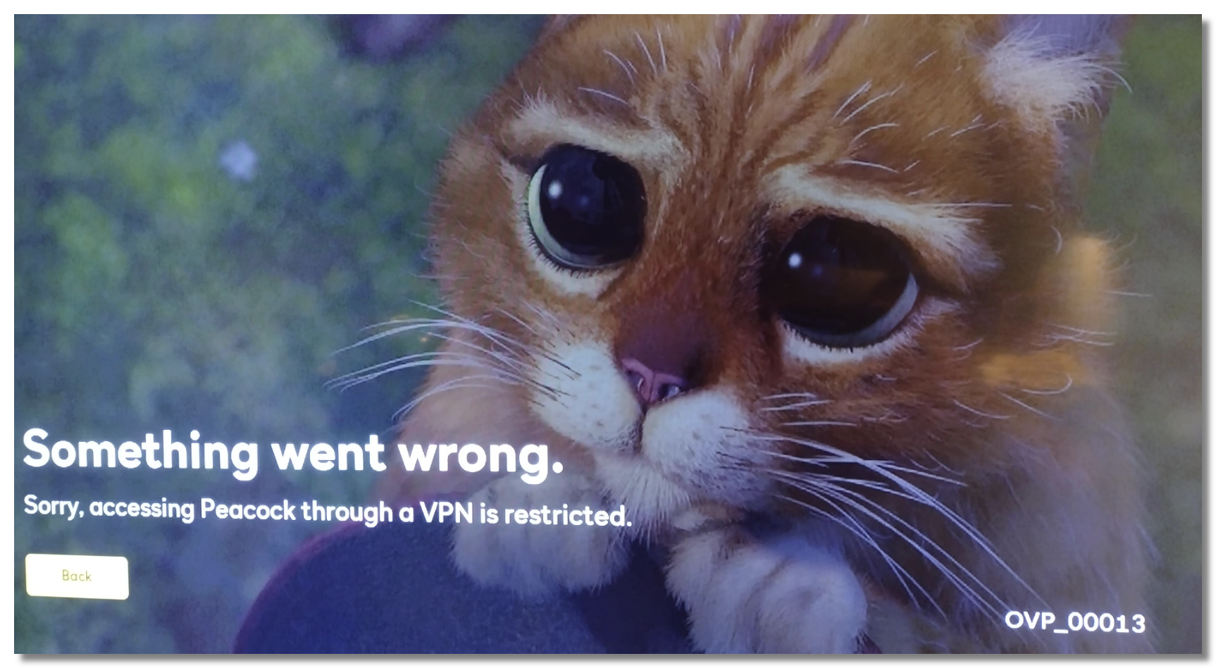 Smart TV screen shows using a VPN is restricted when accessing Peacock
