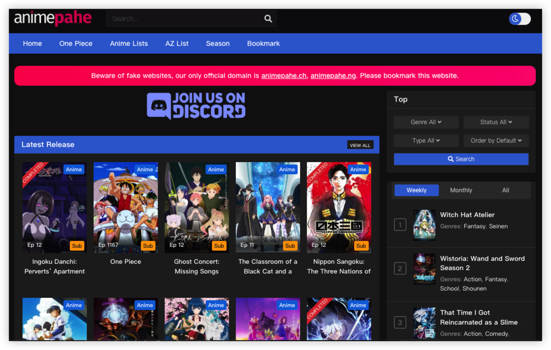 AnimePahe official website homepage