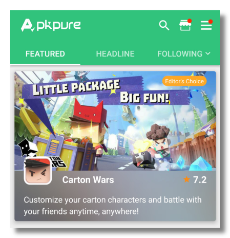 APKPure featured section showing Carton Wars game recommendation