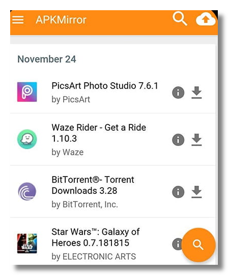 APKMirror latest uploads list showing recent Android app updates