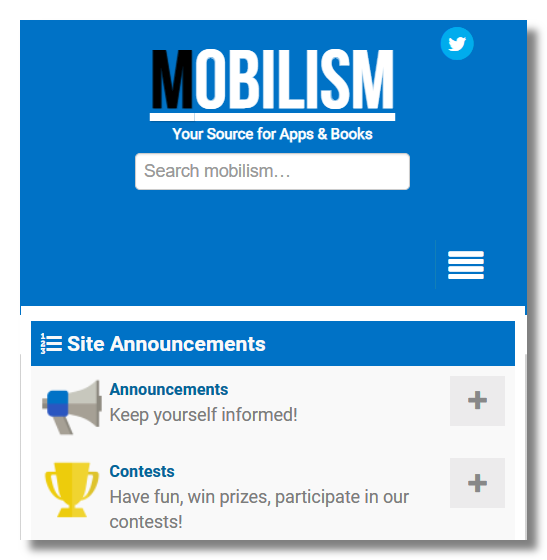 Mobilism forum homepage mobile view showing search bar and site announcements section