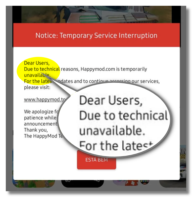 A piece of notice about HappyMod's temporary service interruption
