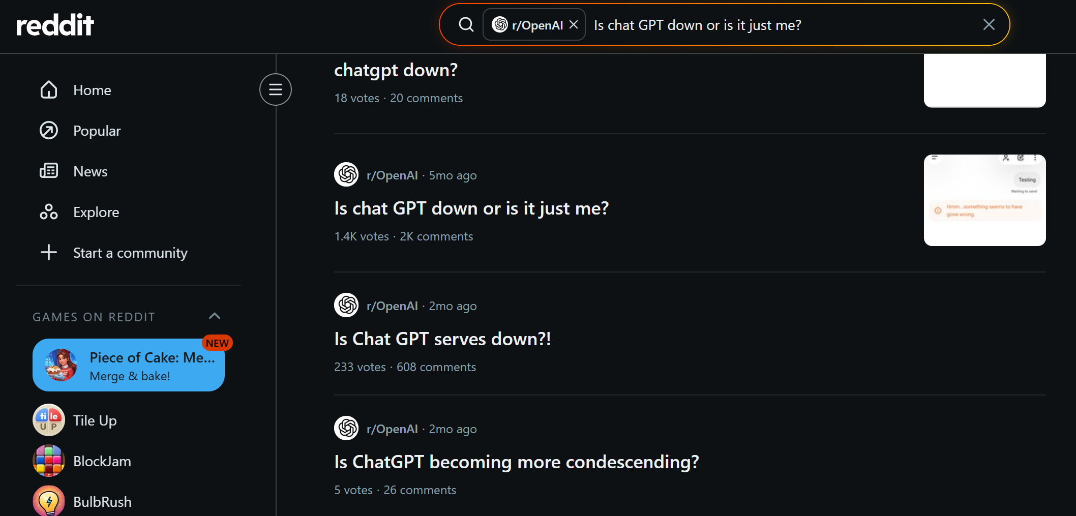Reddit Discussion for ChatGPT Down