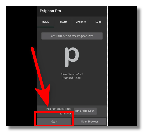 Tap the "Start" button to connect to Psiphon Pro VPN.