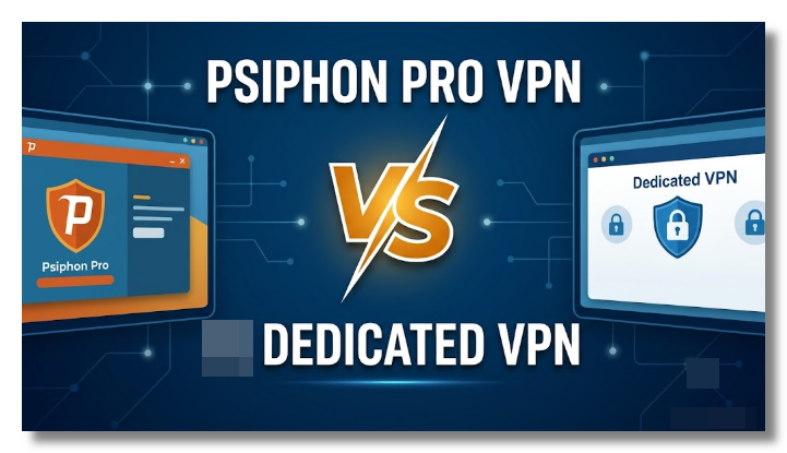 Comparison of Psiphon Pro VPN and dedicated VPN in different scenarios.