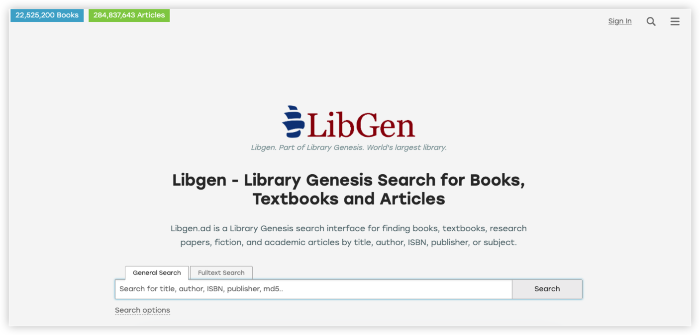 LibGen Mirror site homepage