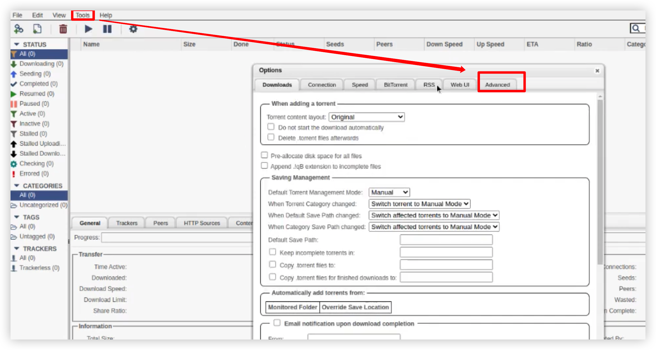 open avdanced in tools in qBittorrent