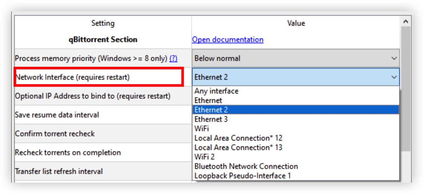 network interface in qBittorrent