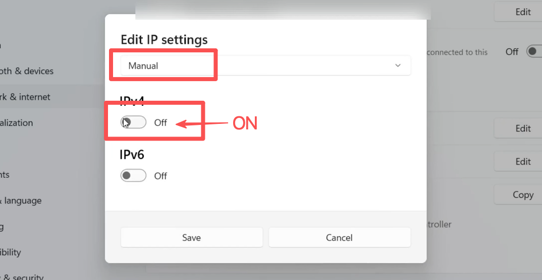 Manuel IP and IPv4 ON
