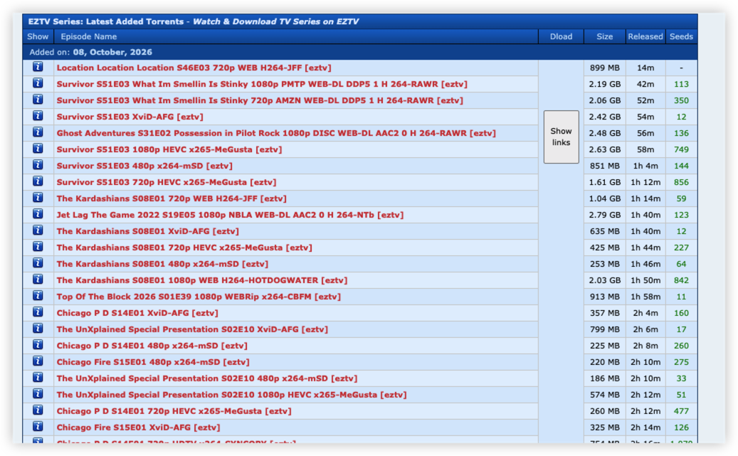 EZTV proxy homepage
